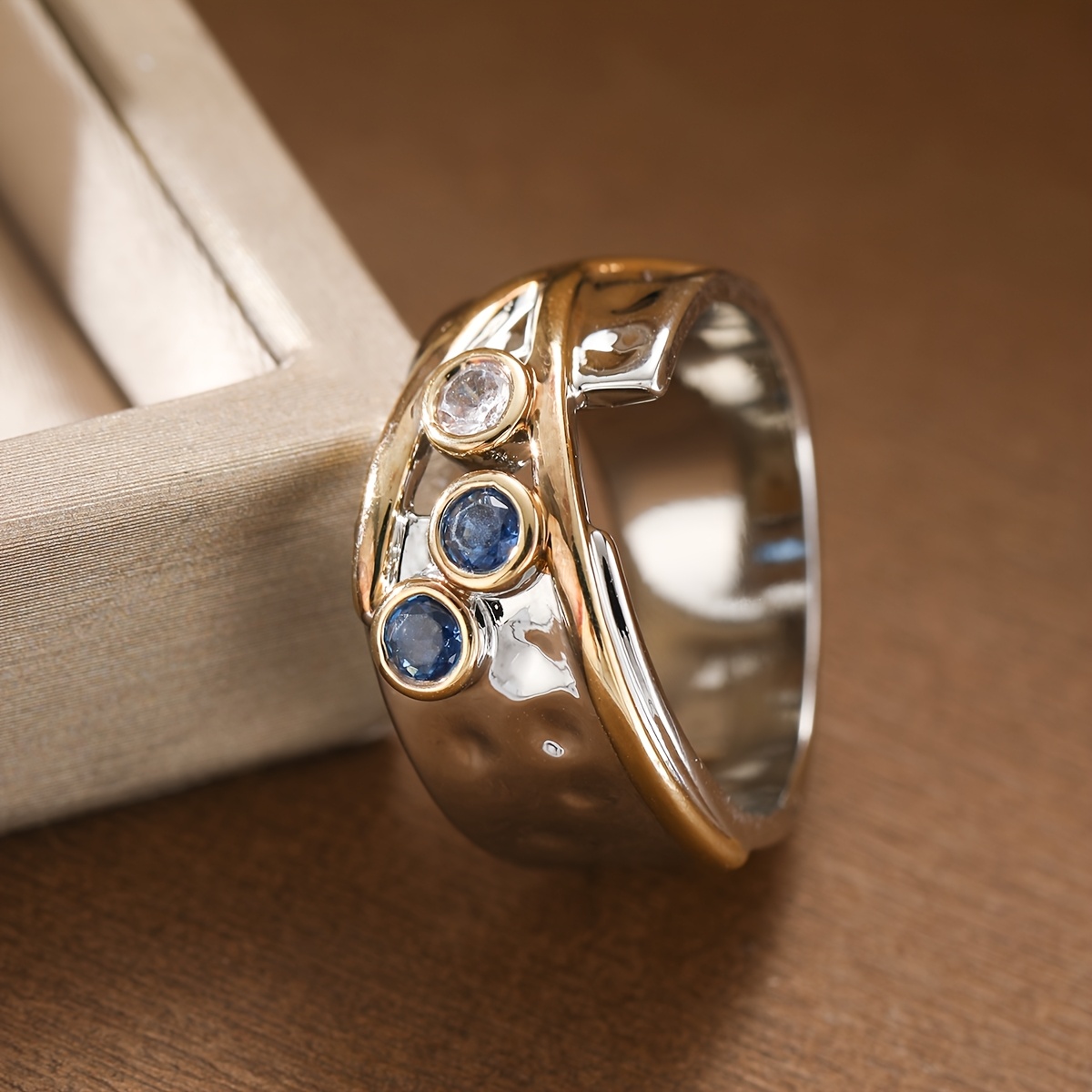 Women's French Retro Wide Band Ring, Hammered Texture